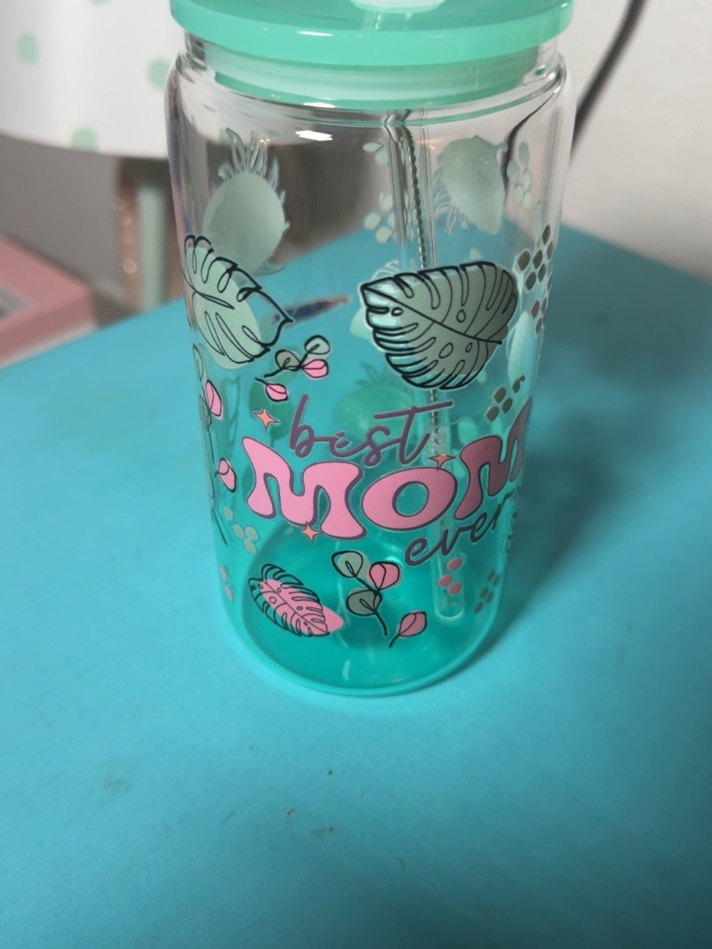Turquoise Floral 'Best Mom Ever' Decorative Glass Jar